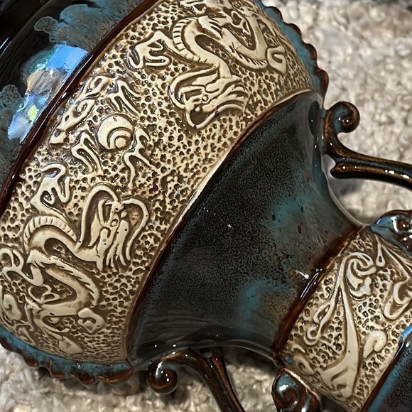 Art Pottery Asian Inspired Drip Glaze Ceramic Handled Vase with Dragon Motif - Picture 12 of 13